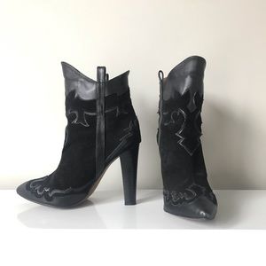 Zara Western Cowboy Boot Black Suede Leather 6.5 7